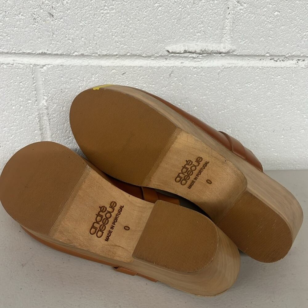Sz10 Andre assoue brown tan slip on heeled Sofi clog wooden leather chunky amber - Picture 6 of 7